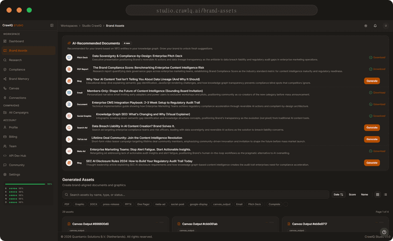 CrawlQ Studio Brand Assets screen listing ten AI-recommended strategic documents with type tags and generation rationale.