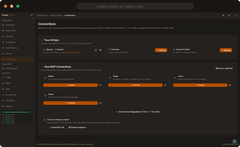CrawlQ Studio Connections screen showing AI provider slots and an MCP connection grid populated with project, billing, and design integrations.